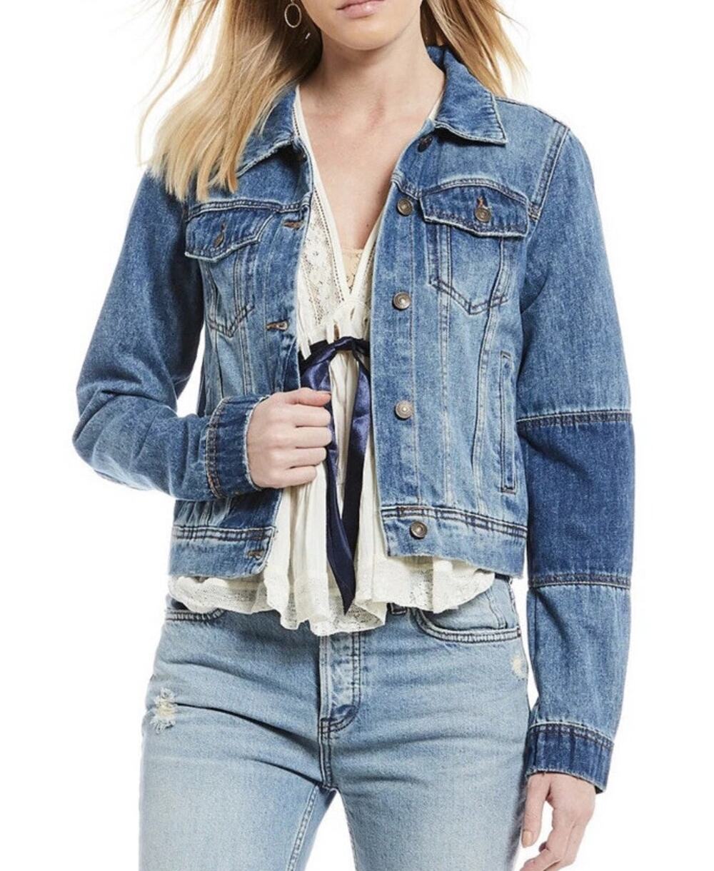 Free People Rumors Patchwork Denim Jacket Women Size XS Two Tone Cropped Jean